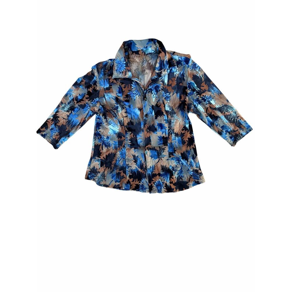 VTG 90s Velvet Burnout Blouse Small Blue Floral Sheer Boho Whimsigoth Glam Top - Picture 11 of 15